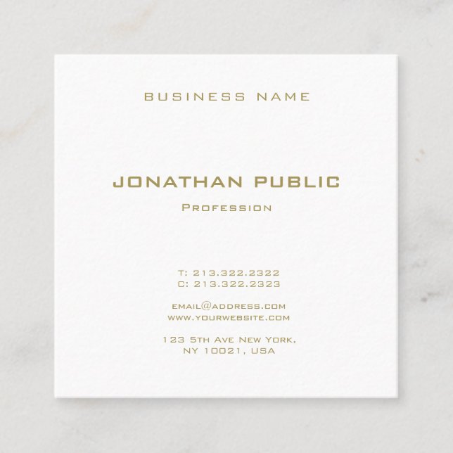 Create Your Own Elegant Modern Gold Text Font Top Square Business Card (Front)