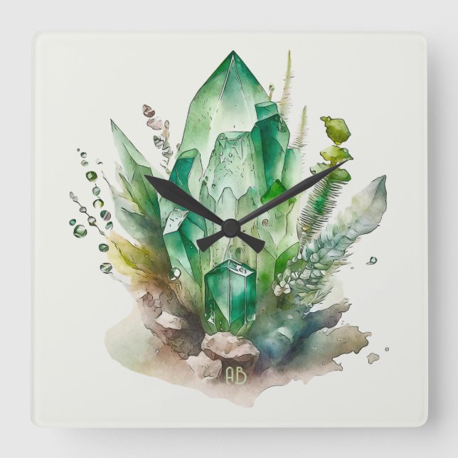 Create Your Own Emerald Green Crystals Square Wall Clock (Front)
