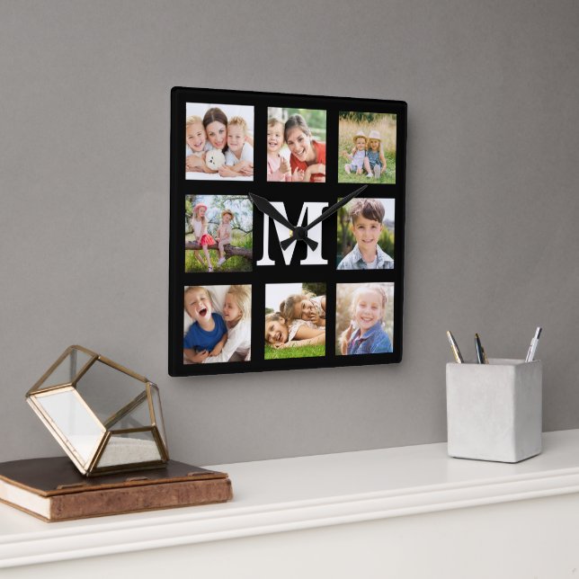 Create your Own Family 8 Photo Collage Black Squar Square Wall Clock (Office)