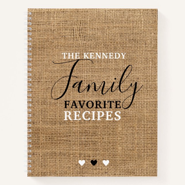 Create Your Own Family Favourite Recipes Burlap Notebook (Front)