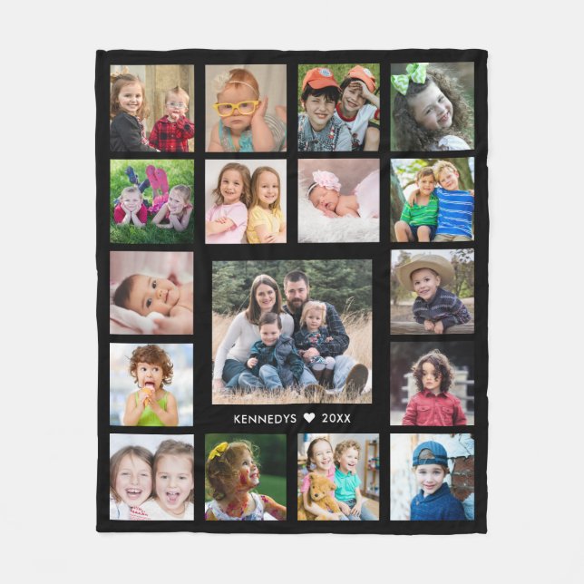 Create Your Own Family Name 17 Photo Collage Black Fleece Blanket (Front)