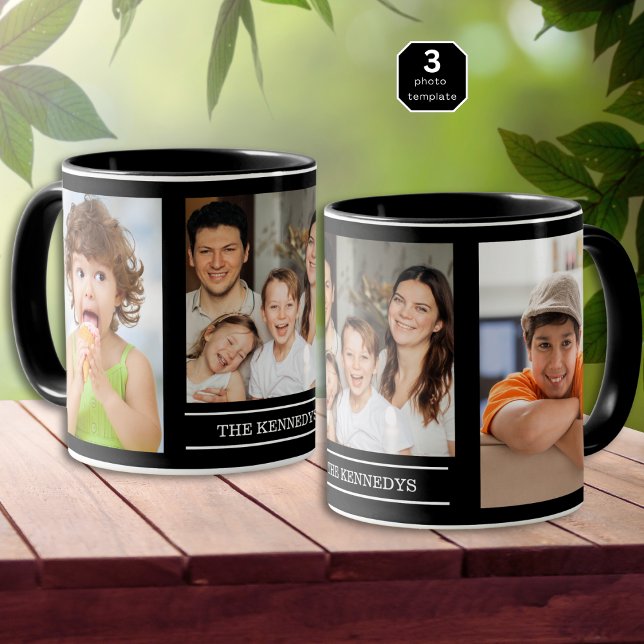 Create Your Own Family Name 3 Photo Collage Black Mug (Creator Uploaded)
