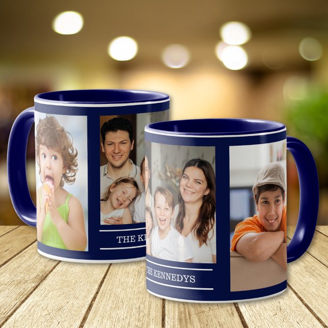 Create Your Own Family Name 3 Photo Collage Blue Mug (Creator Uploaded)