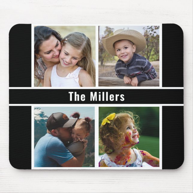 Create Your Own Family Name 4 Photo Collage Black Mouse Mat (Front)