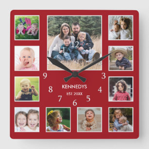Create Your Own Family Name Photo Collage Red Square Wall Clock