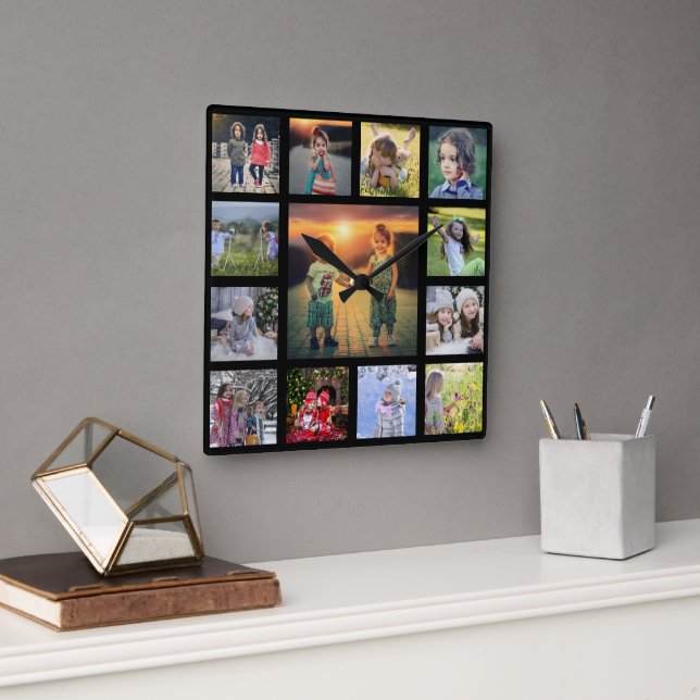Create your own family photo collage black square  wall clock (Office)