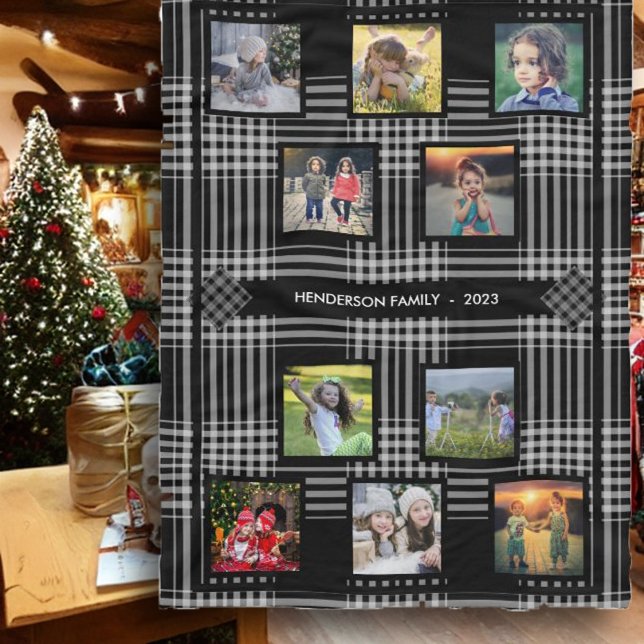 Create your own family photo collage family name fleece blanket (Beautiful keepsake fleece blanket. Family photo collage on black and white buffalo plaid pattern, )