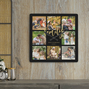 Create your own family photo collage gold script square wall clock