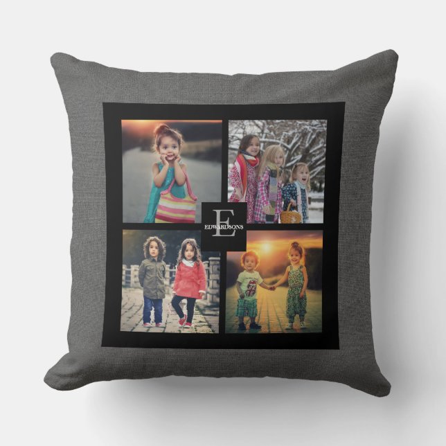 Create your own Family photo collage grey burlap Cushion (Front)