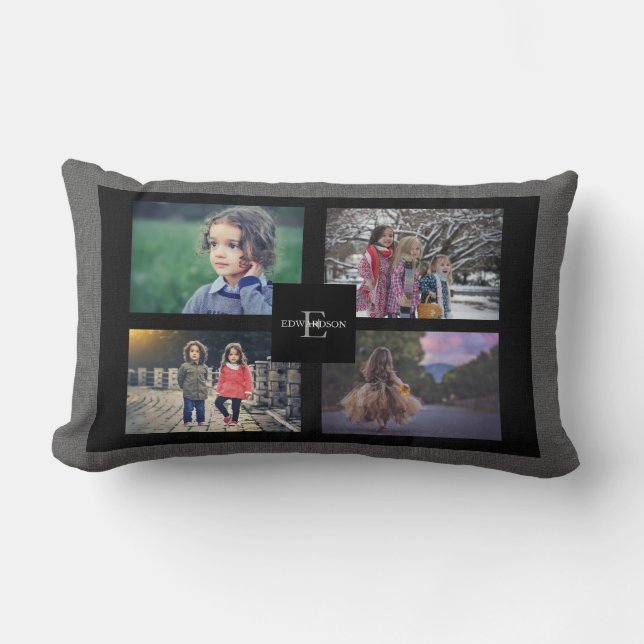 Create your own family photo collage grey burlap lumbar cushion (Front)