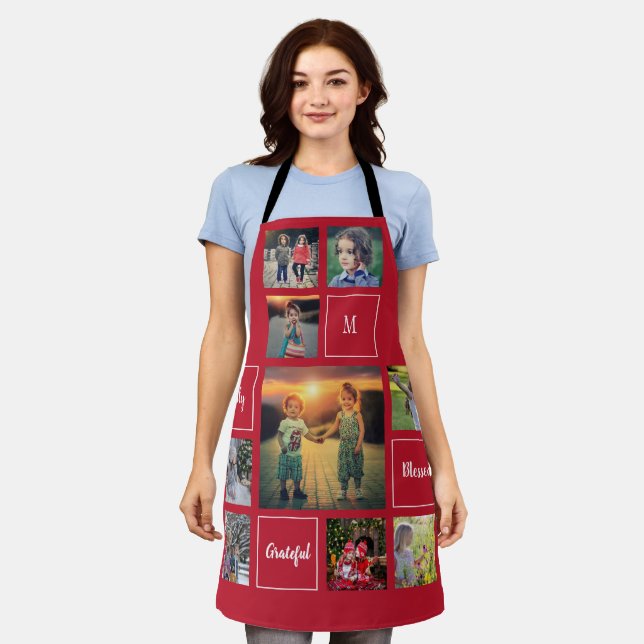 Create your own family photo collage monogram red apron (Worn)