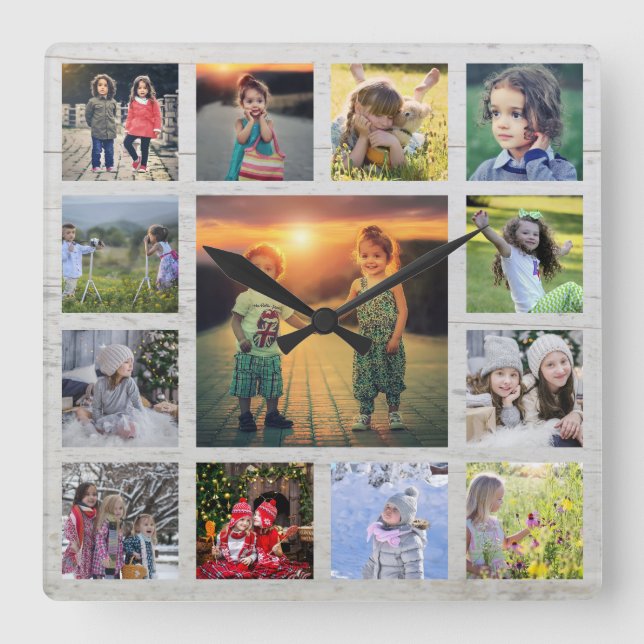 Create your own family photo collage rustic wood s square wall clock (Front)