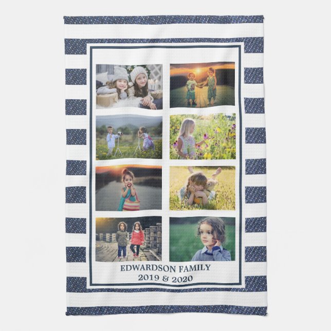 Create your own family photo collage striped tea towel (Vertical)