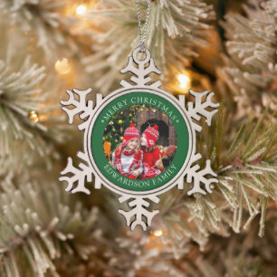 Create your own family photo Merry Christmas Snowflake Pewter Christmas Ornament