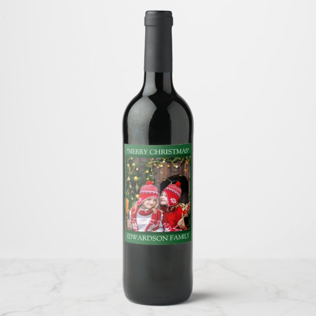 Create your own family photo Merry Christmas Wine Label (Front)