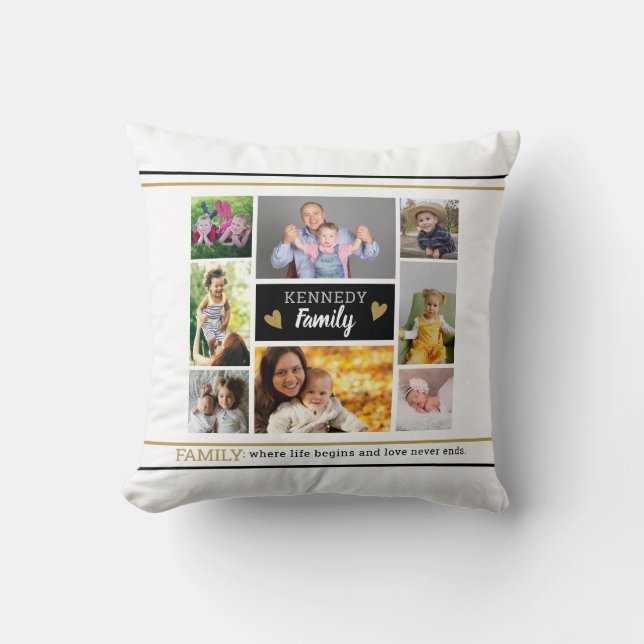 Create Your Own Family Quote 8 Photo Collage Cushion (Front)
