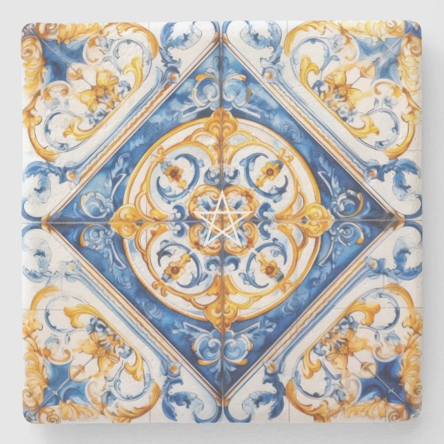 Create Your Own Faux Blue Gold Talavera Stone Coaster (Front)