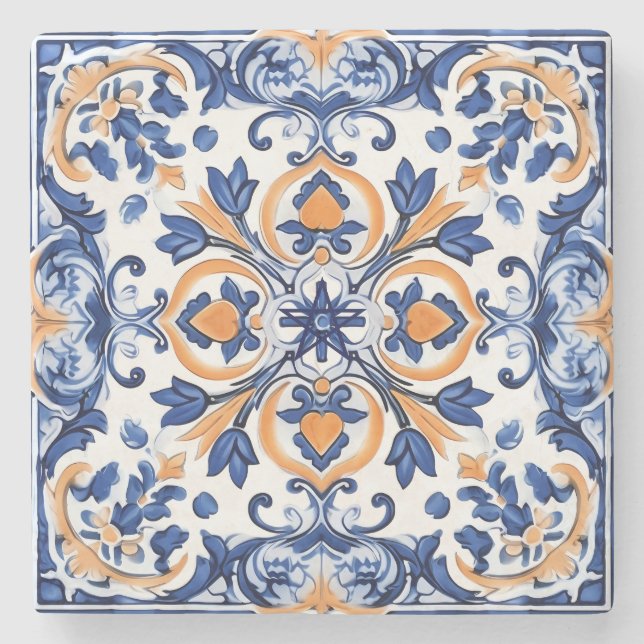 Create Your Own Faux Painted Blue Orange Talavera Stone Coaster (Front)