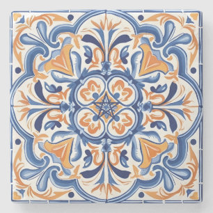 Create Your Own Faux Painted Cadet Blue Orange Stone Coaster