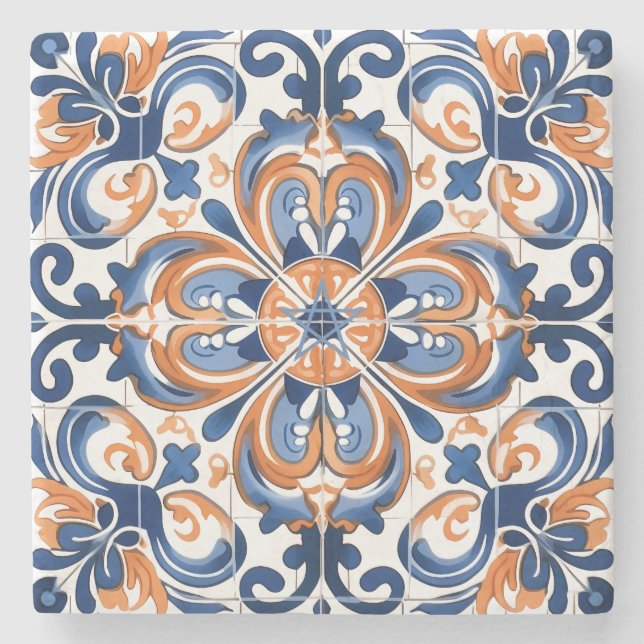 Create Your Own Faux Painted Dusky Blue Orange Stone Coaster (Front)
