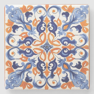 Create Your Own Faux Painted Dusty Blue Orange Stone Coaster