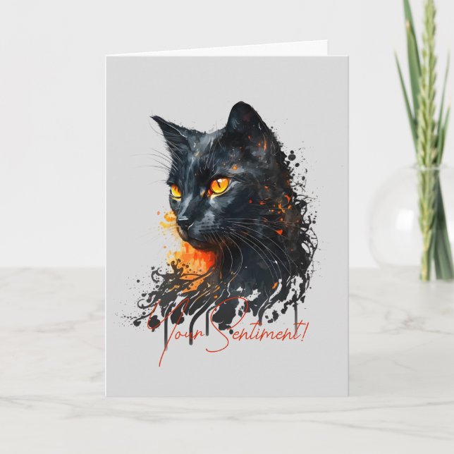 Create Your Own Fiery Black Cat Bust Holiday Card (Front)