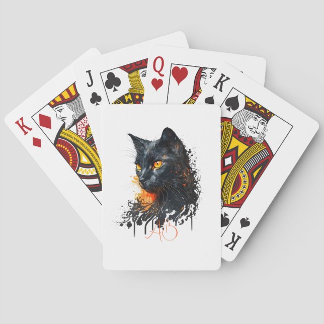 Create Your Own Fiery Black Cat Bust Playing Cards (Back)