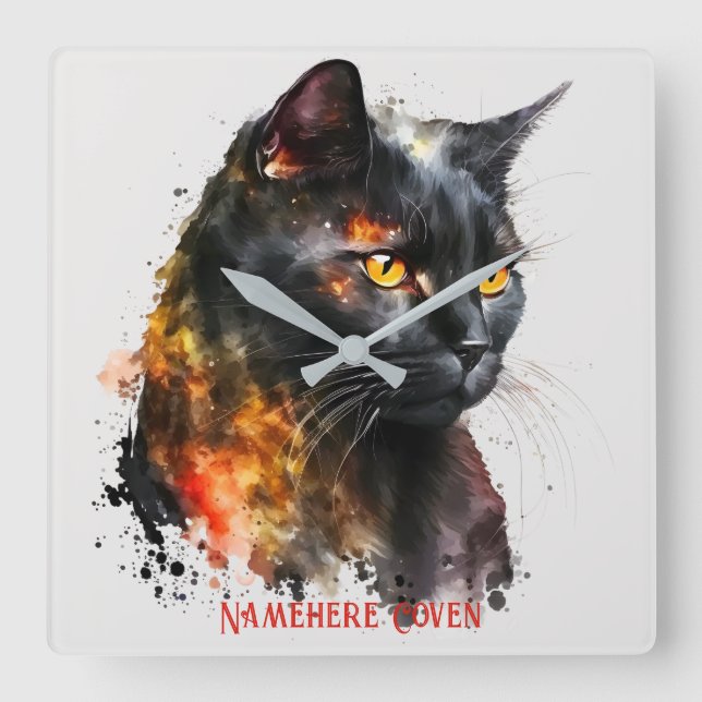 Create Your Own Fiery Black Cat Bust Square Wall Clock (Front)