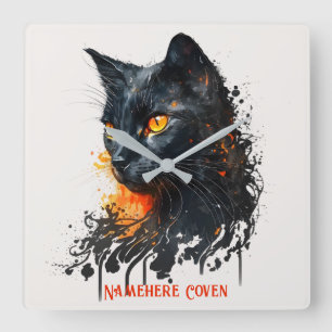 Create Your Own Fiery Black Cat Square Wall Clock