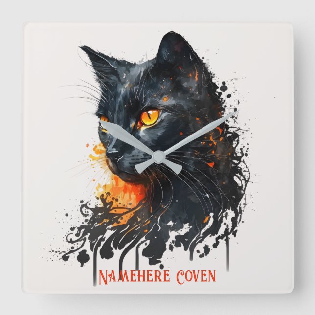 Create Your Own Fiery Black Cat Square Wall Clock (Front)