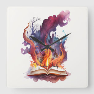 Create Your Own Fire Spell Book Square Wall Clock