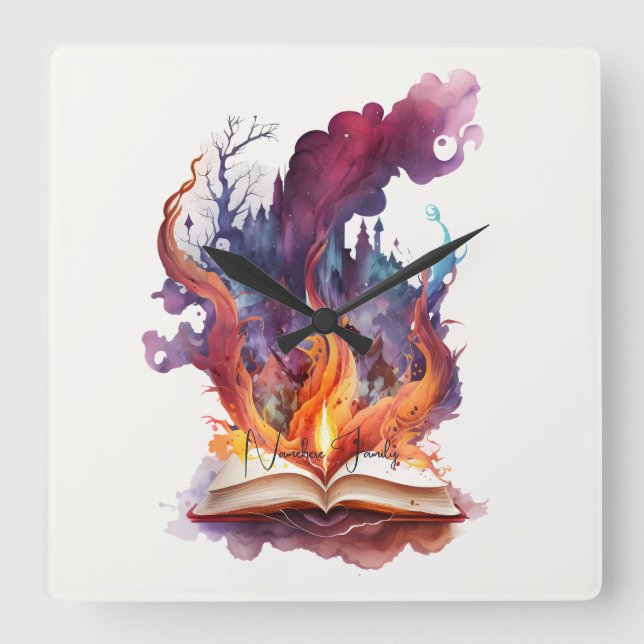 Create Your Own Fire Spell Book Square Wall Clock (Front)