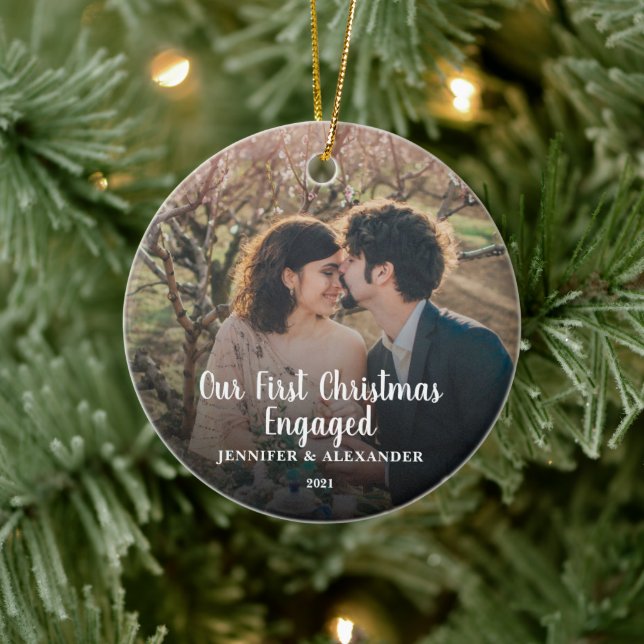 Create your own First Christmas Engaged photo Cera Ceramic Tree Decoration (Tree)