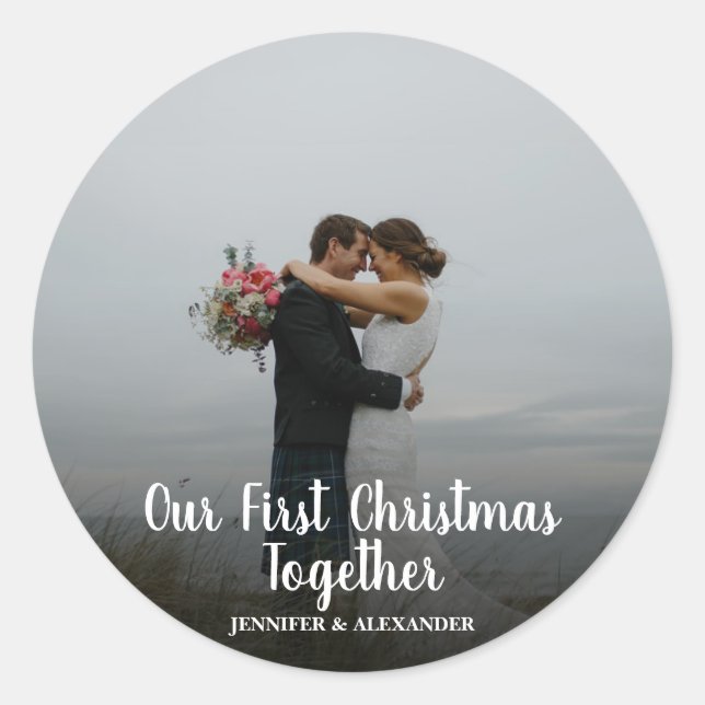 Create your own First Christmas together photo Classic Round Sticker (Front)