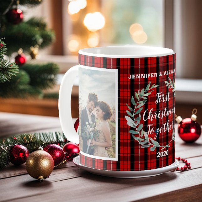 Create your own First christmas together photo Coffee Mug (Beautiful rustic buffalo plaid patterned First christmas together photo Coffee Mug.
)