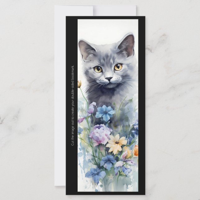 Create Your Own Floral Grey Kitten Bookmark Card (Front)