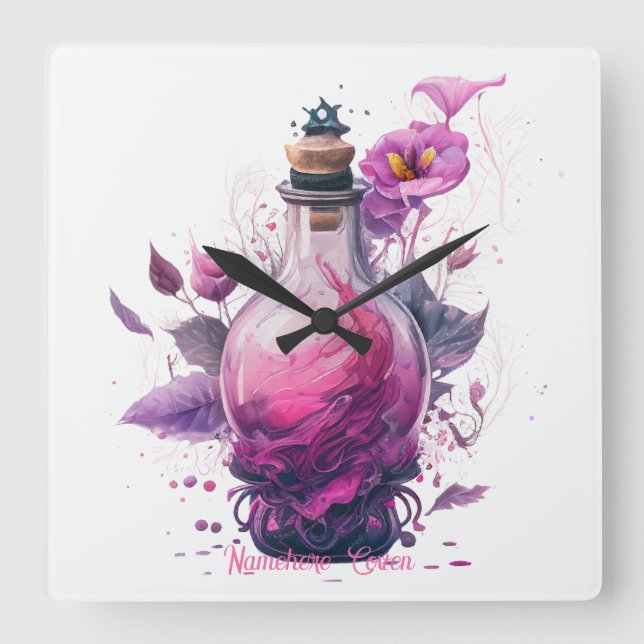 Create Your Own Floral Potion Bottle Square Wall Clock (Front)
