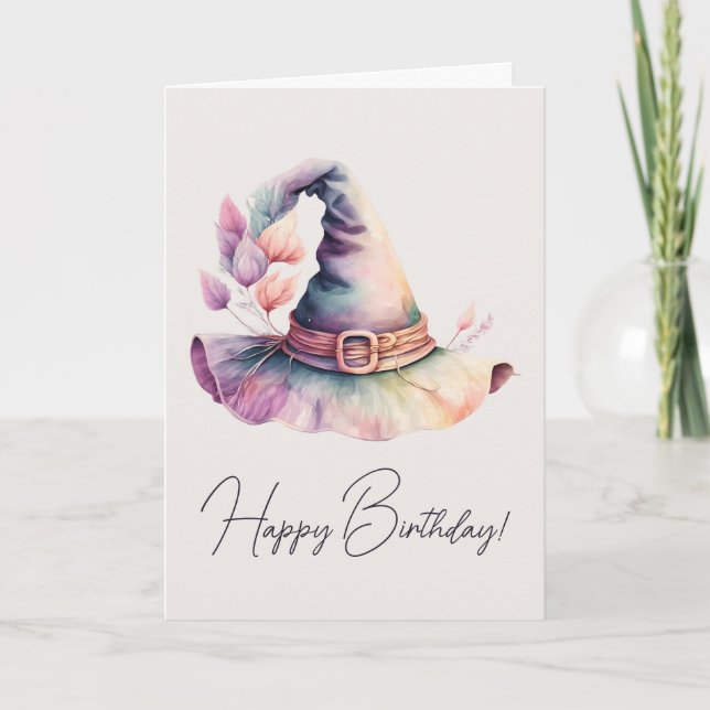Create Your Own Frilly Rainbow Witch Hat Leaves Holiday Card (Front)