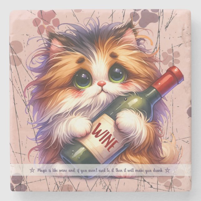 Create Your Own Funny Fluffy Calico Kitten Wine Stone Coaster (Front)