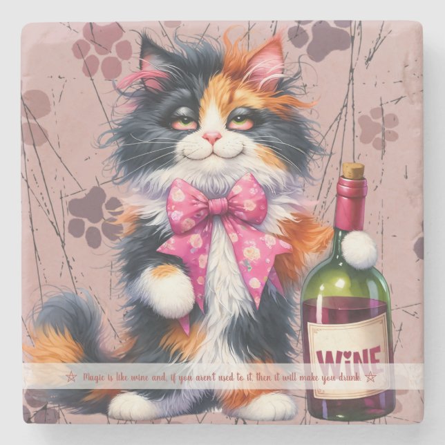 Create Your Own Funny Mr Tipsy Calico Cat Wine Stone Coaster (Front)