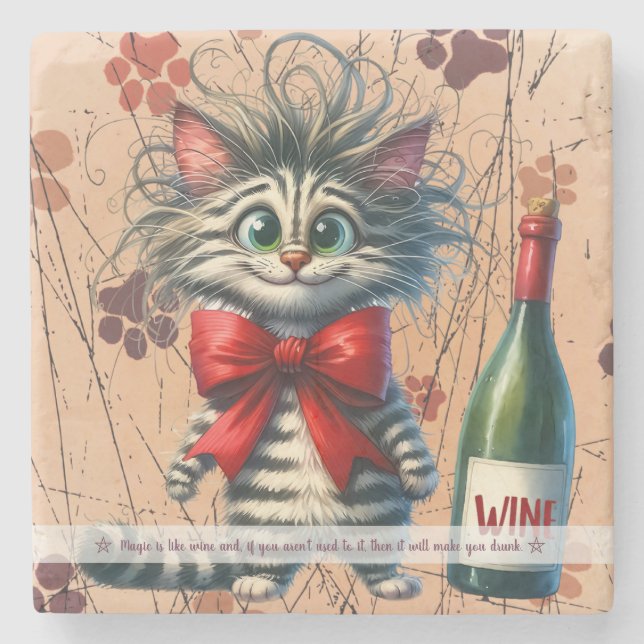Create Your Own Funny Striped Cat Bowtie Wine Stone Coaster (Front)