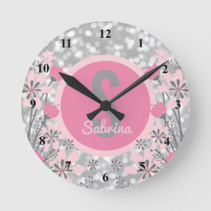Create Your Own Girls Name Floral Pink Silver Round Clock