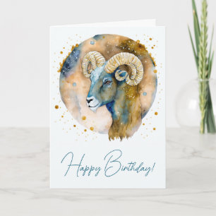 Create Your Own Gold & Blue Aries Zodiac Holiday Card