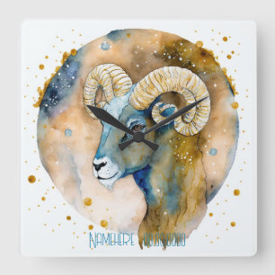 Create Your Own Gold & Blue Aries Zodiac Square Wall Clock