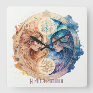 Create Your Own Gold & Blue Mystical Gemini Zodiac Square Wall Clock