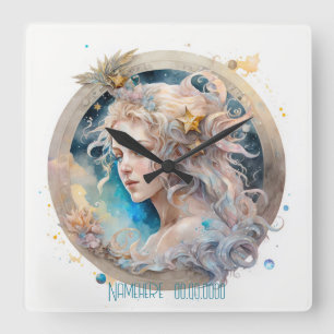 Create Your Own Gold & Blue Mystical Virgo Zodiac Square Wall Clock