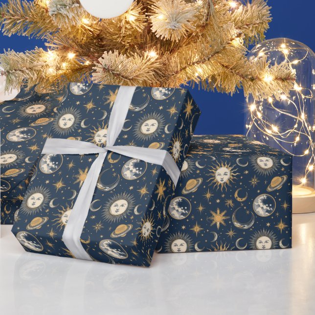 Create Your Own Gold Blue White Celestial Wrapping Paper (Holidays)