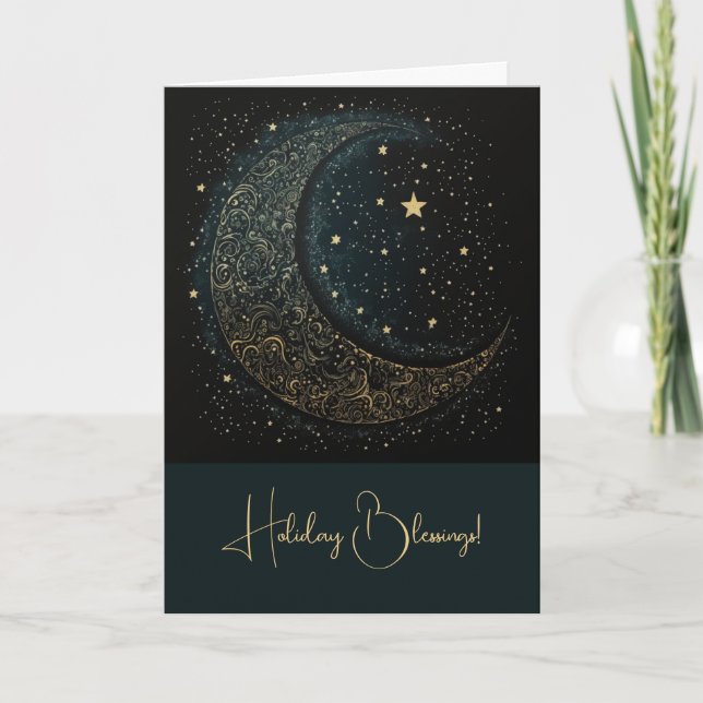 Create Your Own Gold Filigree Moon Celestial Holiday Card (Front)