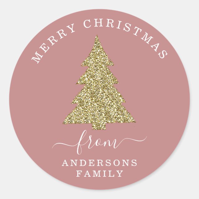 Create Your Own Gold Glitter Christmas Dusty Rose Classic Round Sticker (Front)