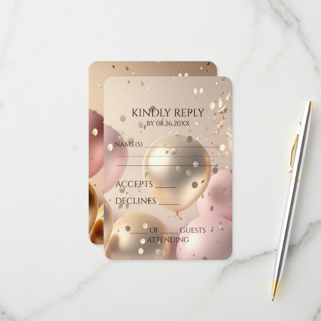 Create Your Own Gold & Pink Balloons RSVP Card (Front/Back In Situ)